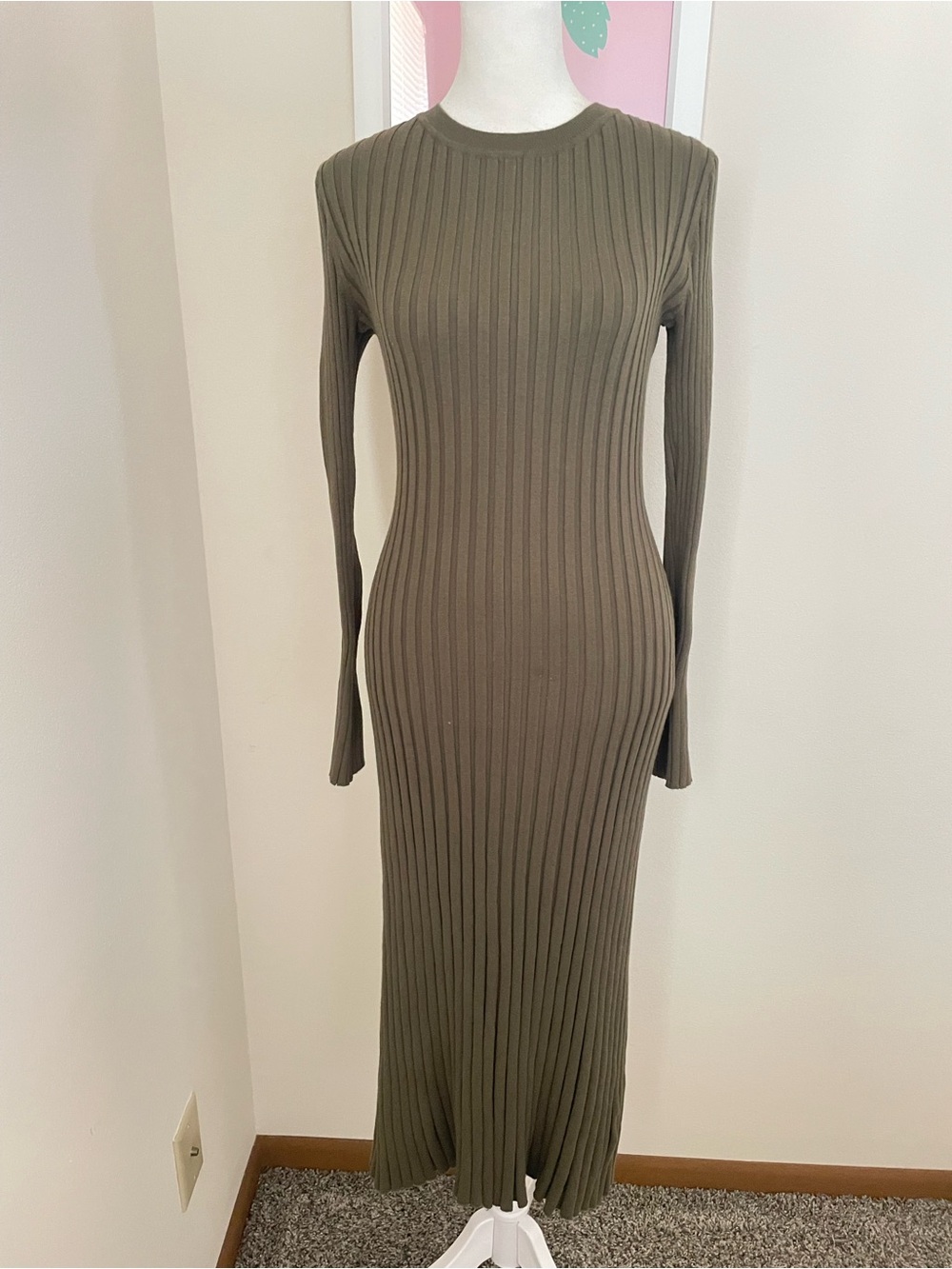 Quince Cotton Cashmere Ribbed Long Sleeve Crew Midi Dress in Olive Size Small - Picture 3 of 9